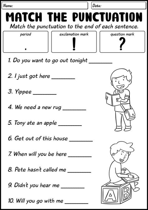 Improve your child's grammar and punctuation skills with our grade 1 punctuation worksheets. Help your child recognize and use periods, question marks, and exclamation points correctly. Start practicing today for better writing and language comprehension. #Grade1Grammar #PunctuationPractice #ElementaryEnglish #punctuationworksheetsgrade Second Grade Grammar Worksheets, Kindergarten Punctuation Activities, Punctuation Worksheets 2nd Grade, Capital Letters Worksheet, Worksheets For Grade 1, About Periods, Punctuation Worksheets, Kindergarten Colors, Worksheets For Grade 3