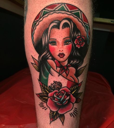 Colorful Mexican Tattoos, Viva La Raza Tattoo, Mexican Art Tattoos For Women, Traditional Tattoo Of A Woman, Zapata Tattoo, Mexican Cowgirl Tattoo, Latina Tattoos For Women, Mexican Tattoos For Women, Mexican Pinup Tattoos