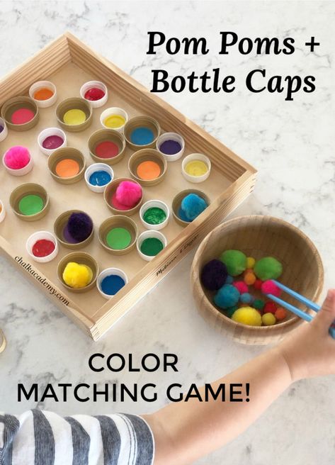 Bottle Caps Pom Poms color matching with chopsticks - great for fine motor skills and concentration #recycled #kidsactivities #finemotorskills #preschool Bottle Cap Activities Preschool, Pom Pom Games, Chopstick Crafts, Fine Motor Preschool, Preschool Fine Motor Activities, Fine Motor Activities For Kids, Preschool Colors, Preschool Fine Motor, Gross Motor Activities