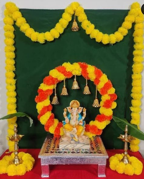 Ganpati Decoration At Home Background, Easy Ganpati Decoration, Vinayaka Chavithi, Home Background, Ganpati Decoration At Home, Housewarming Decorations, Ganpati Decoration, Backdrop Decorations, Festival Decorations