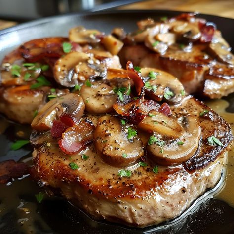 Bacon Mushroom Pork Chops Recipe - Baked Stuffed Pork Chops, Healthy Pork Chop Recipes, Sweet Chili Sauce Recipe, Bacon Mushroom, Mushroom Pork Chops, Creamy Parmesan Sauce, Pork Chop Recipes Baked, Bacon Stuffed Mushrooms, Cooking Bacon