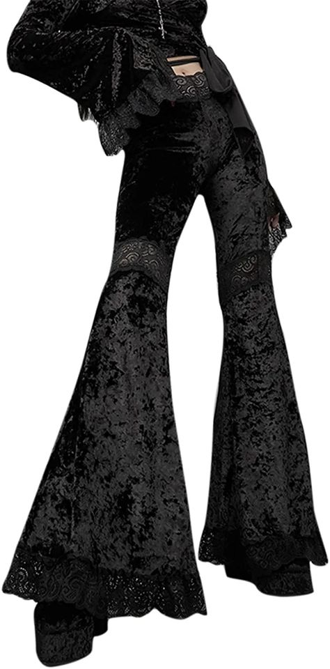 Goth Bottoms, Halloween Yoga, Goth Pants, Hip Hop Trousers, Bell Bottom Trousers, Velvet Flare Pants, Edm Outfits, Velvet Flares, Music Festival Outfits