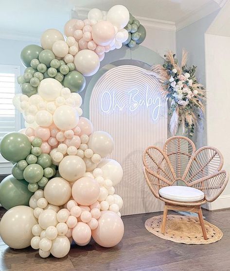 Sage And Blush Balloon Garland, Pink And Sage Green Balloon Garland, Balloons With Eucalyptus, Pink And Sage Balloon Arch, Sage Green And Blush Baby Shower Ideas, Baby Shower Neutral Ideas, Eliana Rodriguez, Baby In Bloom Balloon Arch, Pink And Green Baby Shower Ideas