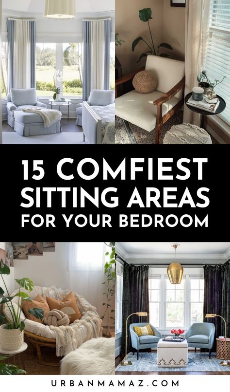 Looking for the comfiest sitting areas for your bedroom? Check out this list of 15 creative master bedroom sitting area ideas. Bedrooms With Sitting Area Master, Sitting Rooms In Bedrooms, Bedroom Chaise Ideas, Sitting Area For Bedroom, Sitting Room Off Master Ideas, Benches In Bedroom Against Wall, Master Sitting Room Ideas Cozy, Bedroom Chaise Lounge Master Suite, Sitting Area In Entryway