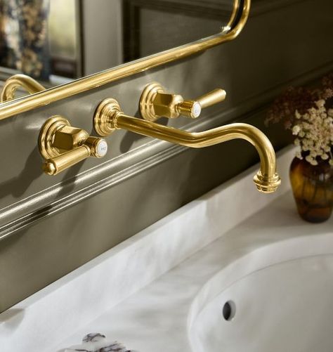 Bathroom Faucets, Sink Faucets | Rejuvenation Wall Mount Brass Bathroom Faucet, Brass Bathroom Accents, Wall Mounted Bathroom Sink Faucet, Brass Faucets Bathroom, Antique Bathroom Hardware, Bathroom Faucets Wall Mount, Wall Mounted Faucet Bathroom, Bathroom Faucet Ideas, Brass Faucet Bathroom