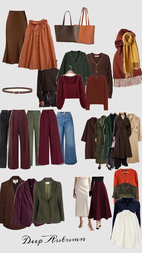 deep atumn colour pallatte Autumn Colour Analysis Outfits, Deep Autumn Colour Palette Clothes, Deep Winter Autumn Outfits, Dark Autumn Outfits For Winter, Fashion Color Theory, Autumn Season Color Palette Outfits, Autumn Pallet Outfits, Autumn Seasonal Color Analysis Outfits, Dark Autumn Vs True Autumn