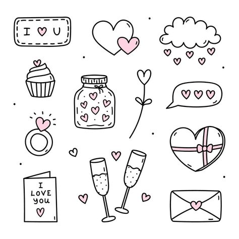 Cute set of doodles for Valentine's Day - glasses of champagne, love cards, envelopes, jar with hearts and others. Vector hand-drawn illustration. Perfect for holiday designs, stickers, decor. Valentines Day Love Letters, Couples Doodles, Valentines Day Doodles, Valentine Drawing, Valentine Doodle, Cute Drawings Of Love, Valentines Day Drawing, Designs Stickers, Drawings For Boyfriend