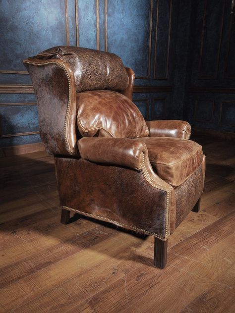 Ranch Style Furniture, Brown Leather Recliner, Adobe Interior, Western Living Room, Leather Wingback Chair, Old Western, Leather Wingback, Western Brown, Leather Stool