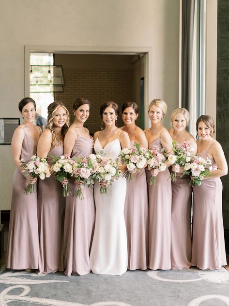 Florida Bride Wearing Paloma Blanca Fit and Flare Spaghetti Strap V Neckline Wedding Dress, Bridesmaids Wearing Muave Dresses | Tampa Bay Wedding Hair and Makeup Femme Akoi Beauty Studio | Bridesmaids Dresses Bella Bridesmaids Dusty Rose And Gold Wedding, White And Light Pink Flowers, Rose And Gold Wedding, Mauve Bridesmaids, Pastel Pink Bridesmaid Dresses, Barong Tagalog, Rose Gold Sequin Dress, Dress Bridesmaids, Pink Bridesmaid Dress