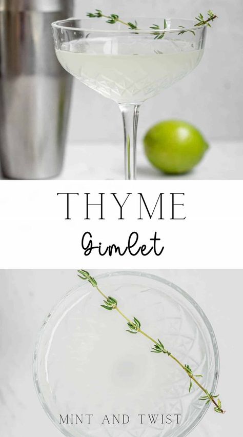 This thyme gimlet is crisp and fresh, lightly scented with fresh thyme. A classic gimlet is a gin cocktail with lime cordial. This thyme gin cocktail is a spin on this, with fresh lime juice and simple thyme syrup. Thyme with its earthy flavor and a hint of mint pairs wonderfully with bright and tangy and bright lime. Thyme Gin Cocktail, Thyme Simple Syrup, Classic Gin Cocktails, Gin Recipes, Gin Drinks, Gimlet, Gin Cocktail, London Dry Gin, Printable Recipe Cards