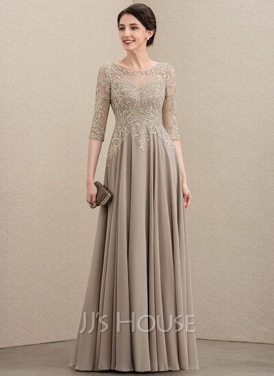 A-Line Scoop Neck Floor-Length Chiffon Lace Mother of the Bride Dress With Sequins (008195372) - JJ's House Floor Length Lace Dress, Bride Silhouette, Bride Dress Lace, Chiffon Lace Dress, Gaun Fashion, Lace Bride, Dress Bride, Dresses Chiffon, Mothers Dresses