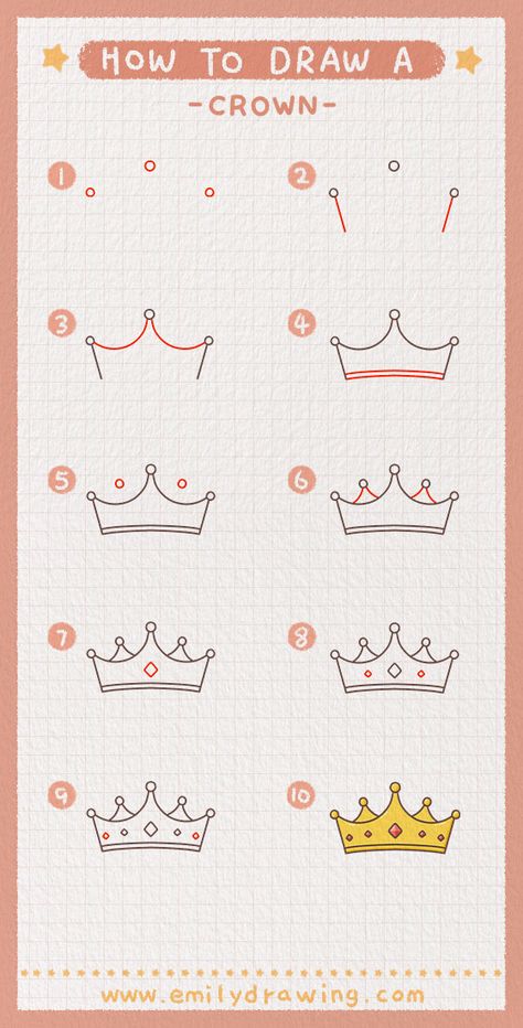 Setp by Step tutorial on how to draw a crown. FREE download the Printable drawing guide and coloring page,Click to Get! #drawing #howtodrawacrown #crown #learntodraw #howtodraw Crown Drawing Tutorial, Placing Crown On Head, How To Draw A Crown Step By Step, How To Draw A Crown, Crown Drawing Easy, Crown Drawings, Princess Crown Drawing, Crown Doodle, Drawing Crown