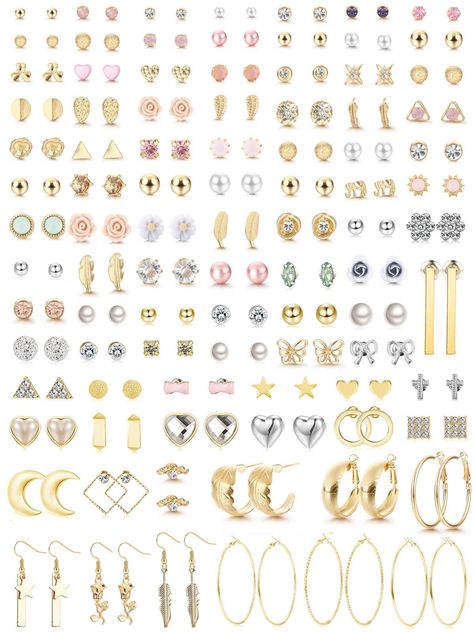 PRICES MAY VARY. ❤Earring Packs for Women❤You will get 90 pairs of gold earrings set with trendy styles, nice for the younger generation or old generation, like pearl stud, butterfly earrings, daisy flower, geometric earrings, colorful bear earrings, bow earrings, gold hoop earrings etc. Every moment, these stud earrings will show off genuine and pure beauty. ❤Hypoallergenic Earrings❤These earrings for sensitive ears are titanium & nickel free post and fine craft of plating alloy, 100% lead-free Heart Geometric, Leaf Earring, Cute Stud Earrings, Small Bar, Multiple Piercings, Big Hoop Earrings, Tiny Earrings, Hoop Earring Sets, Stud Earrings For Women