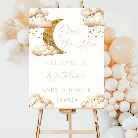 Over the Moon Baby Shower Welcome Sign 🌙 We’re Over The Moon Baby Shower Ideas, Over The Moon Baby Shower Ideas Girl, Moon And Stars Baby Shower Theme, Over The Moon Baby Shower Ideas, Moon Baby Shower Theme, Moon Baby Shower Invitation, Star Baby Shower Theme, We Are Over The Moon, Moon Baby Shower