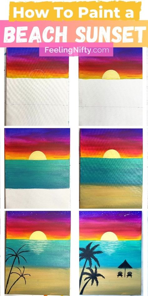 How To Paint On Canvas For Beginners Step By Step, Sunset Over Water Painting Easy, How To Paint A Sunset Over Water, Paint Nite Ideas Step By Step Easy, Step By Step Easy Painting, Beginner Canvas Painting Ideas Step By Step, How To Paint Canvas Step By Step, Easy Sunset Canvas Painting, Painting Ideas On Canvas Simple Easy Sunset