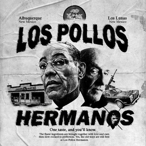 posters of Los Pollos Hermanos from Breaking Bad, Featuring Gustavo Fring and Mike Ehrmantraut with grunge and vintage style Mike Ehrmantraut Aesthetic, Breaking Bad Background, Gustavo Fring, Breaking Bad Poster, Mike Ehrmantraut, Gus Fring, Albuquerque News, Business Board, Get Off Me