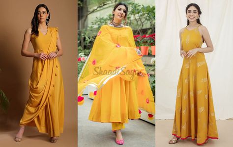 Haldi Outfits Under 5K For Your Intimate Haldi Ceremony | ShaadiSaga Haldi Dress For Bridesmaid, Haldi Outfit For Women, Haldi Outfit Bridesmaid, Outfits For Haldi, Haldi Dress Ideas For Sisters, Dresses For Haldi Ceremony, Dress For Haldi Function, Haldi Dress Ideas, Indian Wedding Guest Dress