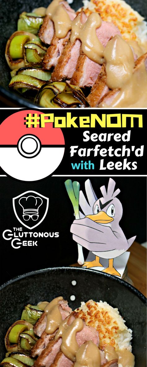 This Pokémon inspired recipe consists of seared duck breast, caramelized leeks, and a plum wine-duck fat sauce. Pokemon Dinner Ideas, Nerdy Food Recipes, Pokémon Recipes, Pokemon Kitchen, Pokemon Recipes, Pokemon Sweets, Pokemon Recipe, Fandom Recipes, Caramelized Leeks