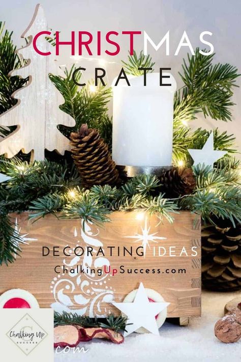 Decorate and style a wooden crate for Christmas! This DIY Christmas craft project tutorial teaches you how to upcycle a small wooden a crate by using wood-stain and Christmas stencils! Then we're going to style it up for the holidays, using greens, Christmas ornaments and more. Includes my super easy tip for successful styling every time! #christmascrateideas #christmascrateideas #christmascratedecor Wine Box Diy, Wooden Crates Christmas, Christmas Crate, Crate Crafts, Crate Decor, Wooden Box Diy, Diy Wooden Crate, Christmas Table Toppers, Rustic Wood Decor