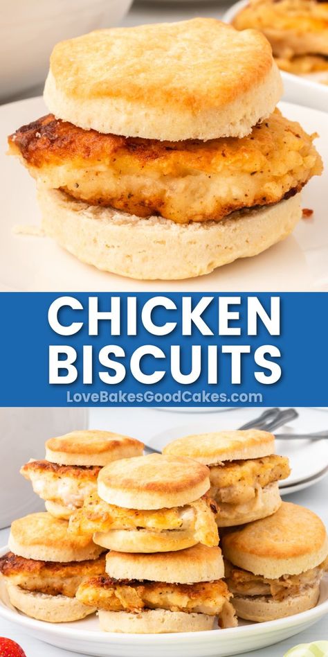 chicken biscuits pin collage Healthy Chicken Biscuit Sandwich, Chicken Egg And Cheese Biscuit, Chicken And Biscuit Sandwich, Chicken For Breakfast Ideas, Breakfast Chicken Sandwich, Chicken Biscuit Recipes, Chicken Breakfast Sandwich, Breakfast With Chicken, Chicken Biscuit Sandwich