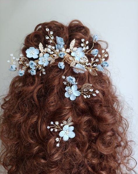 Light Blue And Gold Outfit, Float Outfit, Wedding Hairdo, Rose Gold Hair Piece, Something Blue For Bride, Flower Girl Headpiece, Gold Hair Piece, Bride Flower, Light Blue Fabric