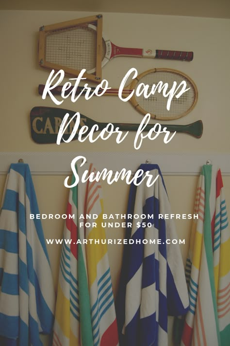 Summer Camp Interior Design, Retro Cabin Interior, Camp Style Bathroom, Camp Cottage Decor, Camp Inspired Bedroom, Fish Camp Decor, Retro Camp Decor, Summer Lake House Vibes, Vintage Summer Camp Color Palette