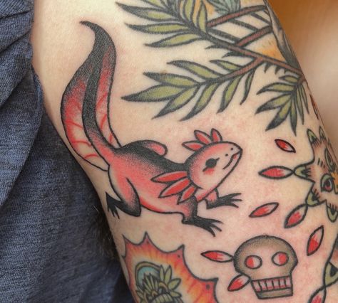 Traditional Axolotl Tattoo, Deer Tattoo American Traditional, Spicy Pepper Tattoo, Traditional Style Animal Tattoos, American Traditional Mushroom Tattoo, Colorful Traditional Tattoo, Traditional Dinosaur Tattoo, American Traditional Dog Tattoo, Traditional Mushroom Tattoo