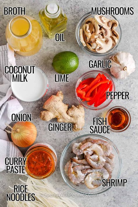 Coconut Curry Soup - Spend With Pennies Thai Red Curry Shrimp Recipe, Shrimp Thai, Shrimp Rice Noodles, Red Curry Shrimp, Thai Coconut Curry Soup, Red Curry Recipe, Vegan Shrimp, Thai Red Curry Paste, Shrimp Noodles