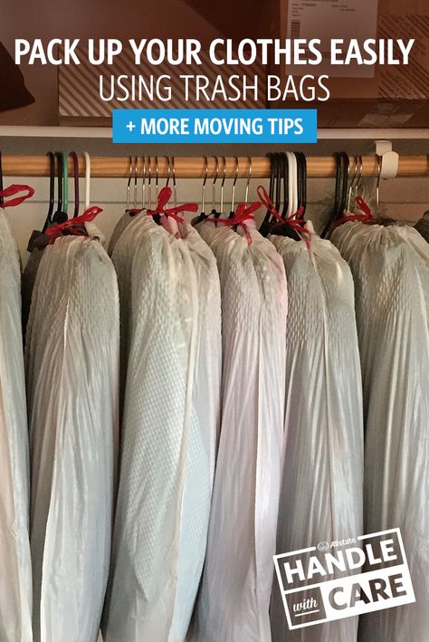 Here’s a great moving tip: pack up your clothes by tying trash bags around them. It helps keep your clothes organized, protected and on the hanger. We’ve got plenty more easy packing tips on our Moving Center. Trash Bag Clothes Moving, How To Move Clothes On Hangers, Moving Clothes On Hangers, Packing Clothes For A Move, Moving Hanging Clothes, Capsule Packing, Moving Clothes, Moving House Tips, Moving Hacks Packing