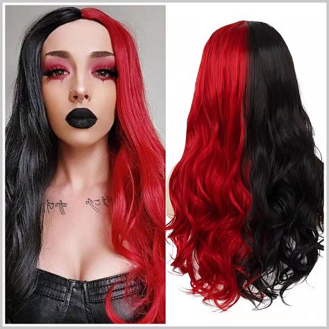 Wiwige Half Black Half Red Wig Long Curly Wavy Middle Part Synthetic Heat Resistant Wig for Women Wavy Middle Part, Mullet Wig, Red Wig, Ombre Highlights, Wig Color, Black Costume, Wavy Wig, Red Wigs, Black Wig