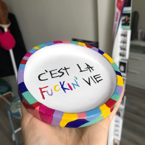 Handmade clay round trinket dish with a quote “c’est la fucking vie” Funny Ashtray Sayings, Airdryclay Ashtray, Air Dry Clay Ashtray Ideas, Ceramic Ashtray Handmade, Air Dry Clay Ashtray Diy, Air Dry Clay Ashtray, Ashtray Clay, Diy Pottery Painting, Diy Air Dry Clay