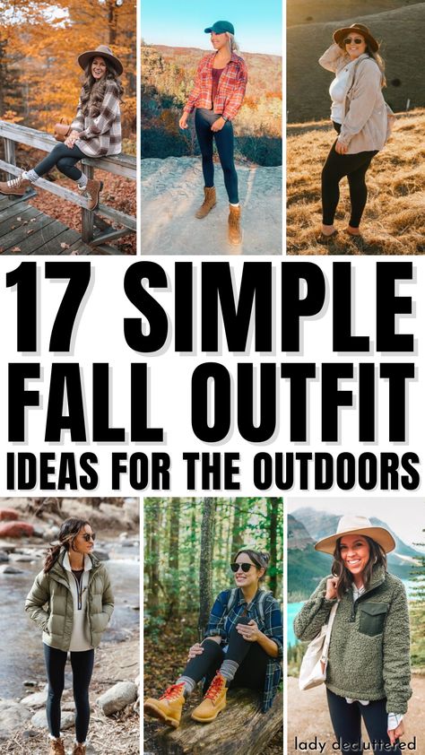 17 Simple Fall Outfit Ideas for The Outdoors What To Wear On A Hike Winter, Fall Outfits Walking, Womens Camping Outfits Fall, Cute Walking Outfits Fall, Outdoors Fall Outfits, Casual Outdoor Fall Outfits, Camping Clothes For Women Fall, Fall National Park Outfits, Up North Fall Outfits