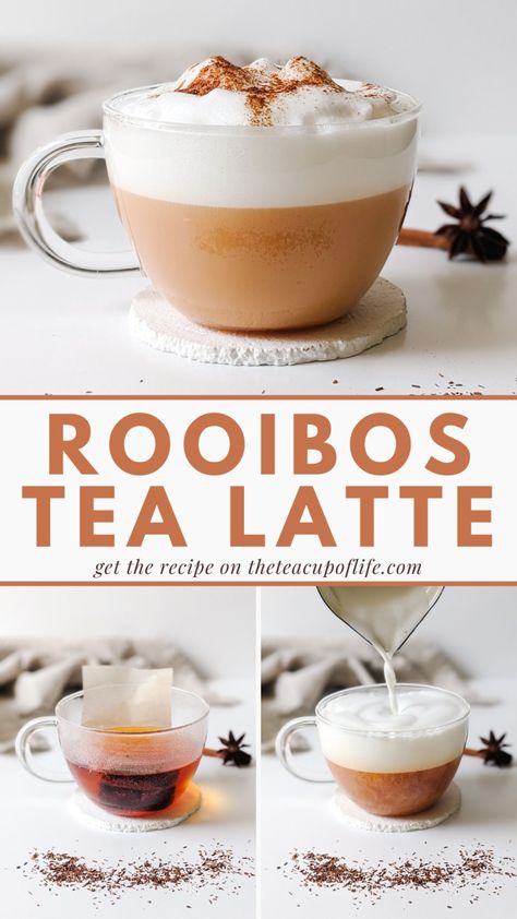 rooibos tea latte recipe Tea Latte Ideas, Rooibos Tea Recipe, Study Drinks, Tea Pantry, Black Tea Recipe, Milk Tea Recipe, Caffeine Free Drinks, Tea Lattes, Starbucks Vanilla