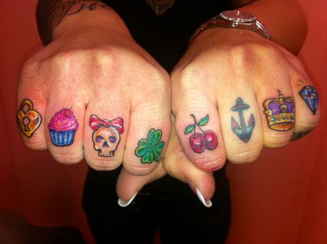 My knuckles Knuckle Tattoos For Women Symbols, Womens Knuckle Tattoos Words, Knuckles Tattoos For Women, Cupcake Finger Tattoo, Word Knuckle Tattoos, Words On Knuckles Tattoo, Nuckle Tats Girl, Knuckle Tattoos For Women, Brass Knuckle Tattoo