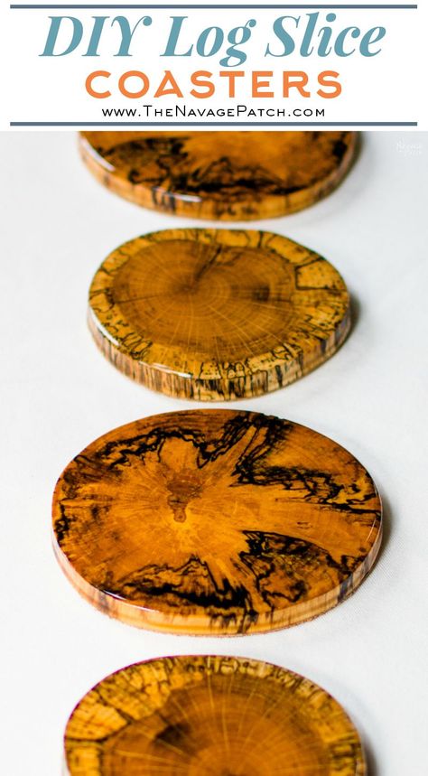 DIY Log Slice Coasters | How to make coasters from logs | Upcycled logs to DIY wooden coasters | How to stop coasters sticking to glasses | Perfect use of cabochon | How to use epoxy resin | Step-by-step epoxy resin coaster tutorial | Epoxy resin tips | Repurposed Log Ideas | #TheNavagePatch #DIY #HomeDecor #Upcycled #Repurposed | TheNavagePatch.com Wood And Epoxy Coasters, Epoxy Gifts, Wooden Coasters Diy, Wood Coasters Diy, Log Art, Wood Wedding Decorations, Resin Tips, Make Coasters, Log Ideas