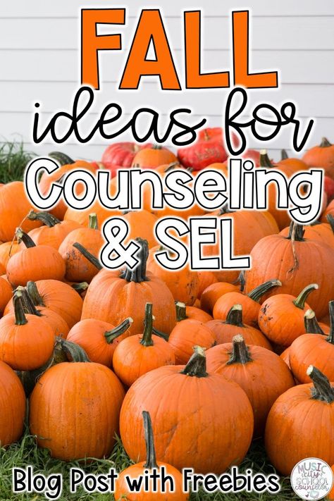 This blog post offers great counseling & SEL ideas, activities, and resources for the fall season. It includes two free posters, story book recommendations, and fall game suggestions. Great for school counselors, social workers, school psychologists, and elementary teachers. #SEL #counseling #fall #autumn Fall Therapy Activities, Sel Halloween Activity, Halloween Counseling Activities For Kids, Thanksgiving Sel Activities, Thanksgiving Counseling Activities, Small Group Activities Elementary, Fall Therapy Activities For Kids, Elementary School Counseling Activities, Sel Lessons Elementary