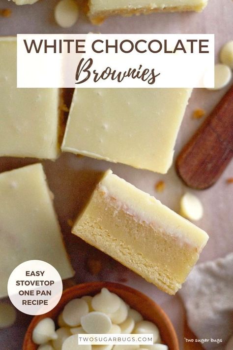 Brownies With White Frosting, Boyfriend Brownies, White Chocolate Desserts Easy, White Chocolate Baking, White Chocolate Brownies Recipe, Homemade White Chocolate, Chocolate Brownies Recipe, White Chocolate Desserts, White Brownies