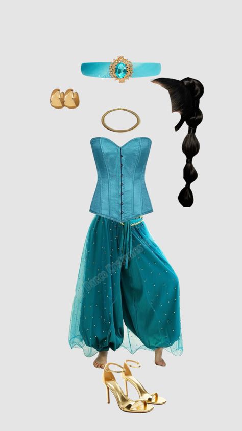 Jasmine costume                     Turquoise princess gold corset pants shoes jewelry headband Halloween Jasmin Costume Women, Jasmine Disney Costume, Jasmine Diy Costume, Jasmine Costume Ideas, Jasmine Costume Diy, Princess Jasmine Costume Diy, Princess Jasmine Halloween Costume, Jasmine Diy, Jewelry Headband