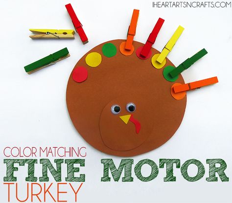 Color Matching Fine Motor Turkey - A simple activity that encourages color recognition and fine motor skills November Crafts Preschool, Turkey Crafts Preschool, Decorate For Thanksgiving, Thanksgiving Activities Preschool, Thanksgiving Crafts For Toddlers, Thanksgiving Toddler, Thanksgiving Games For Kids, Thanksgiving Crafts Preschool, November Crafts