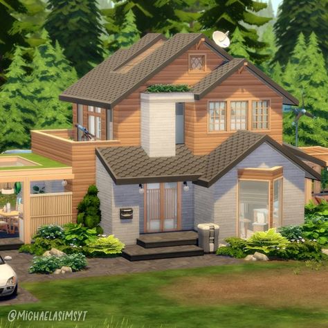 Eco Living House, Eco House Exterior, Sims 4 Eco House, Sims 4 Exterior, Sims 4 Loft, Sims 4 Cottage, Sims 4 House, Shell House, Growing Together