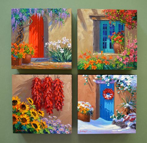 SH6813 Santa Fe Seasons grouping Simple Oil Painting Ideas Inspiration, 4x4 Paintings, Multiple Canvas Paintings, Mikki Senkarik, Mini Toile, Canvas Painting For Beginners, Acrylic Painting Inspiration, Painting Aesthetic, Small Canvas Paintings