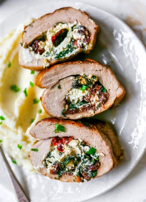 Stuffed Pork Tenderloin with Apple Cider Pan Sauce Butter Mashed Potatoes, Apple Pork Tenderloin, Mustard Pork Tenderloin, Pork Tenderloin Recipe, Tenderloin Recipe, Stuffed Pork, Pan Sauce, Tenderloin Recipes, Pork Tenderloin Recipes