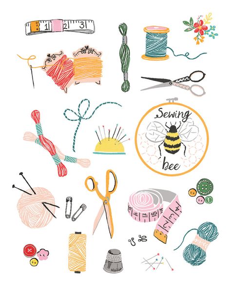 Crafting Illustration, Embroidery Illustration, Sewing Illustration, Embroidery Napkins, Embroidery Cute, Zestaw Ikon, Sewing Bee, Hand Embroidery Kit, Cute Ideas