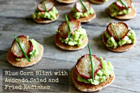 Blue Corn Blini with Avocado Salad and Fried Radishes!  Talk about a WOW factor! via @Amy Kritzer Fried Radishes, Amuse Bouche Ideas, Recipes Apples, Jewish Food, Avocado Salat, Holiday Appetizer, Baptism Ideas, Blue Corn, Vegetarian Appetizers