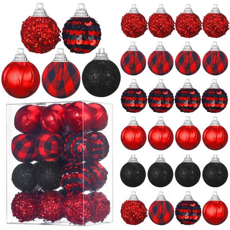 PRICES MAY VARY. Package Contents: the package contains 5 different styles of glitter Halloween ornaments, a total of 24; The balls have fabrics, sequin balls, rich styles and large quantities, to meet your diverse holiday party decoration needs Easy to Hang: the size of Halloween glitter tree ball ornaments is about 1.18 inches/ 3 cm in diameter, lightweight, good shape, suitable size, can be matched with other Halloween ornaments, convenient to hang anywhere you want to decorate Sturdy and Dur Plaid Christmas Tree Decorations, Red Black White Christmas, Black Christmas Ornaments, Black White Christmas Tree, Red And Black Christmas, Carnival Party Decorations, Buffalo Plaid Christmas Decor, Christmas Tree Balls, Carnival Decorations