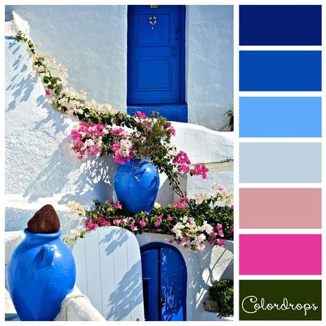 Colors of Santorini for a destination wedding in Greece #weddingideas #destinationweddingplanning Greek Bedroom, Mediterranean Color Palette, Greece Blue, Greek Garden, Greek Decor, Santorini Blue, Mediterranean Interior, Greek Blue, Color Schemes Colour Palettes