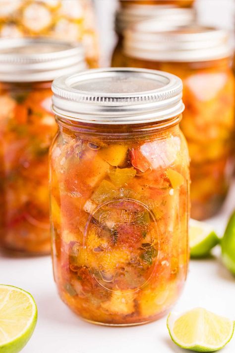 How to Make Fresh   Gorgeous Pineapple Mango Salsa Pineapple Salsa Canning Recipe, Waterbath Canning Recipes, Mango Salsa Canning Recipe, Canning Pineapple, Pineapple Mango Salsa, Salsa Canning Recipes, Canning And Preserving, Mango Salsa Recipe, Cowboy Candy