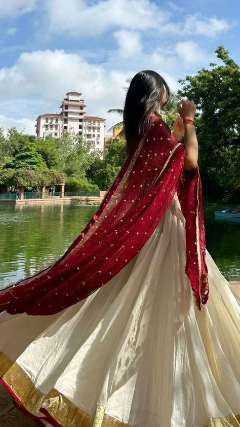 Half Saree Poses Aesthetic, Onam Skirt And Top, Onam Half Saree, Maroon Half Saree, Half Saree Poses, Onam Skirt And Top Designs, White Half Saree, Half Saree Designs Simple, Indian Half Saree