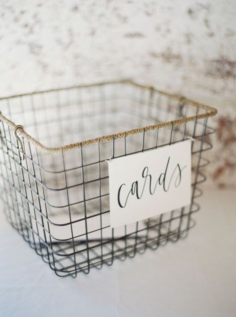 A wire basket and some gorgeous calligraphy is all you really need for a no-fuss card box.   30 Minimalist Wedding Ideas for the Cool Bride Senior Party Centerpieces, Diy Grad Party Decor, Wedding Card Basket, Uee After School, Minimalist Wedding Ideas, Gorgeous Calligraphy, Card Basket, Cool Bride, How To Dress For A Wedding