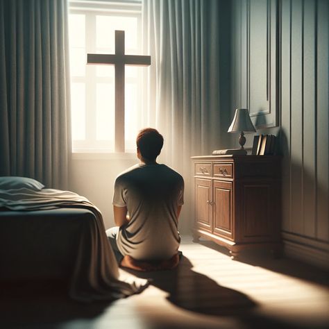 kneeling in prayer beside a bed, facing a wooden cross hanging on the wall. People Praying, Man Kneeling, Jesus Love Images, Prayer Pictures, Jesus Background, Kneeling In Prayer, Praying In The Spirit, Man Praying, Prayer Images